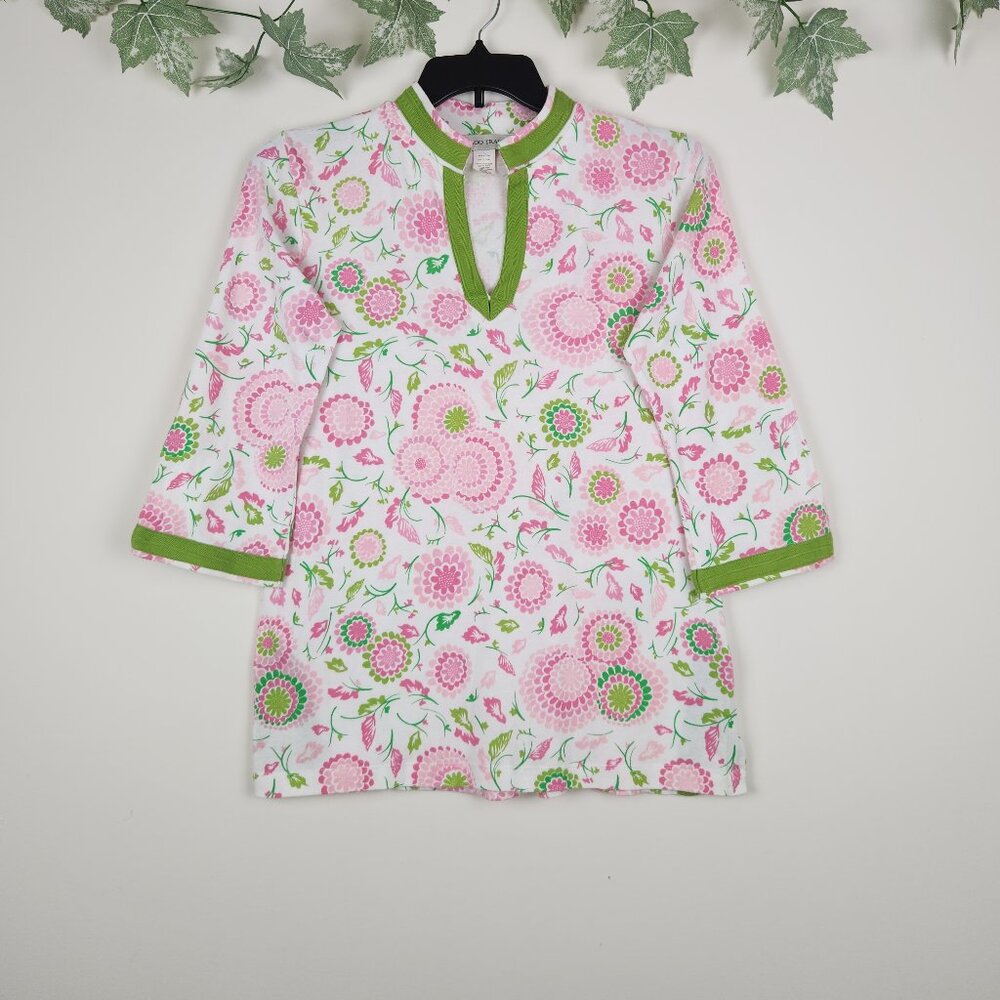 Bamboo Traders Sz L Pink Green White Floral Stretch Cotton 3/4 Sleeve Tunic Top